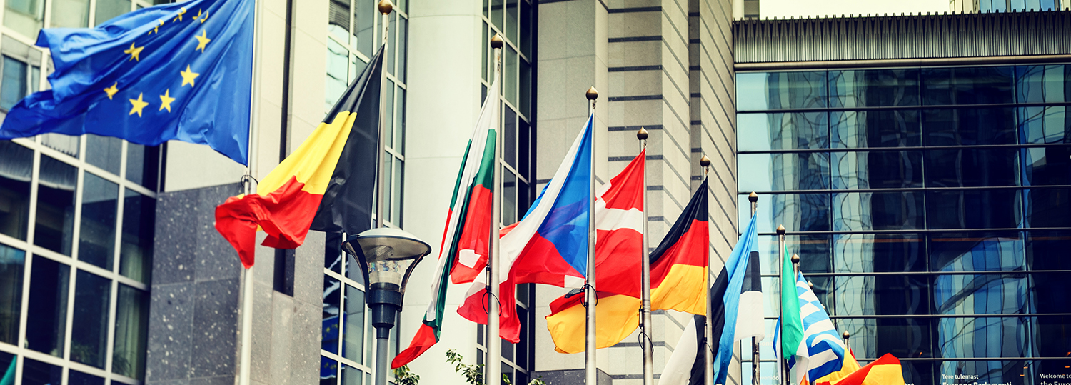 Des drapeaux devant le bâtiment du Parlement européen. Bruxelles, Belgique